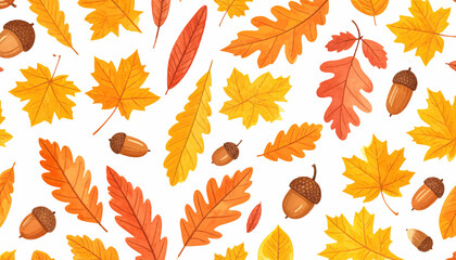 Obraz premium Watercolor illustration of autumn leaves and acorns on a white background