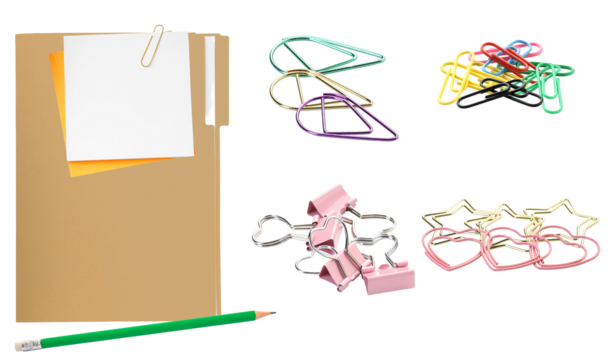 assortment of colorful office and school supplies including note paper, binder clips, paper clips, and a pencil, isolated on black.