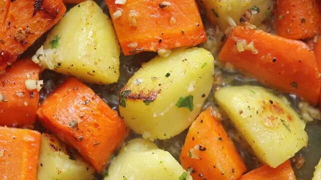 Pan-fry potatoes and carrots with garlic butter in hot pan. Top view shot