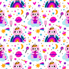 Funny Unicorn Cats Pattern. Cute Pink Ki
