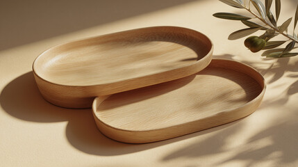 Photorealistic beech wood oval serving trays with natural light and minimal composition