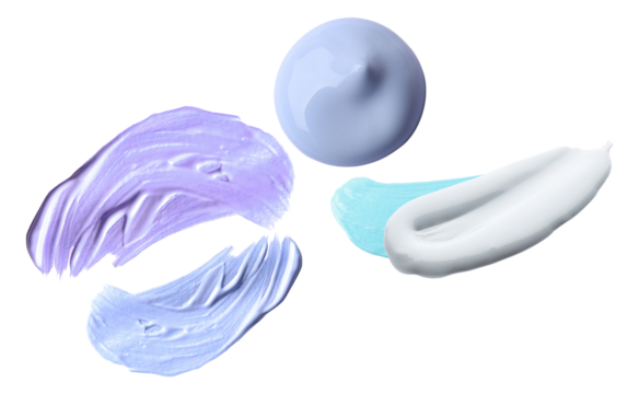 cosmetic makeup swatches featuring various pastel tones including lavender, lilac, white, and cyan cream texture blobs isolated on black photograph.