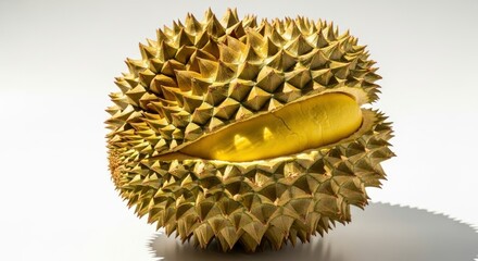 Partially opened durian fruit on white, revealing creamy yellow flesh and spiky green skin.