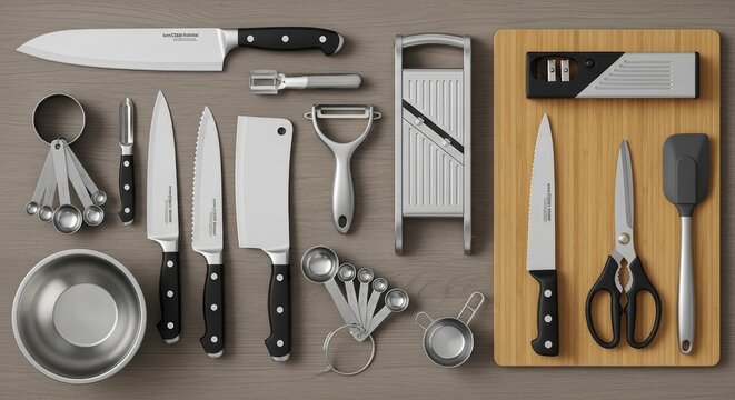 Flat lay of diverse kitchen tools: knives, peeler, mandoline, measuring spoons, and cutting board...