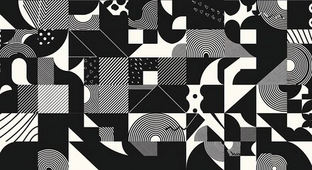 Abstract black and white geometric design with repeating shapes and patterns