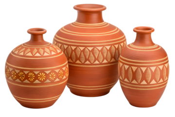 Handcrafted terracotta clay pots, a rustic trio showcasing unique tribal-inspired etched patterns. These artisanal earthenware vessels exude ancient cultural artistry and earthy elegance