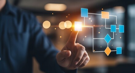 Finger interacting with digital flowchart on blurred background