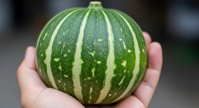 A hand gently holds a small, vibrant green striped pumpkin, showcasing its fresh texture.