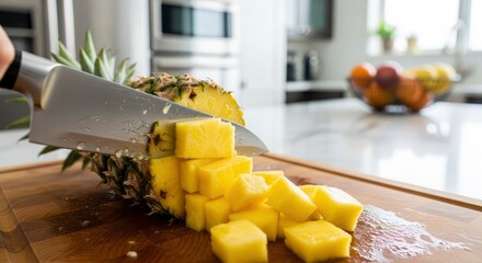 Close-up of fresh pineapple being cut into juicy chunks on a wooden board in a modern kitchen.