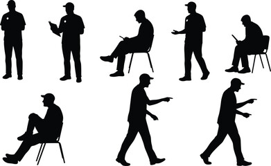 Silhouette poses, tablet reading, walking gesture, seated posture, pointing action, casual stance, minimal style, body language, cap figure, activity