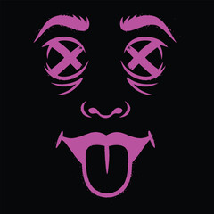 A Neon Pink Face Illustration on Black Background with X Eyes and Sticking Tongue Modern Pop Art Graphic Design Spooky