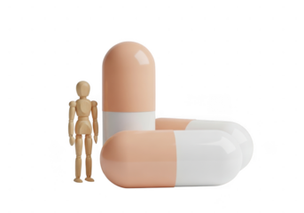 Wooden figure standing next to giant capsule pill isolated on transparent background