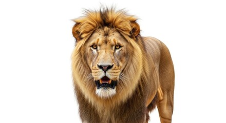 Majestic male lion with a powerful gaze and impressive mane, isolated on a white background.