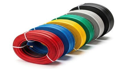 Colorful electrical wires in various spools on a white background, ready for installation.