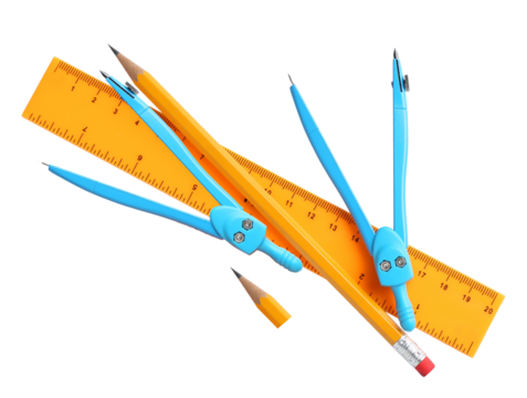 brightly colored geometry set featuring two blue plastic compasses, an orange ruler, and yellow wooden pencils, essential drafting tools isolated on black photograph.