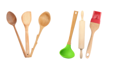 A diverse collection of utensils, including a wooden spoon, a green silicone ladle, a wooden rolling pin, and a red silicone basting brush, are placed separately on a transparent background.