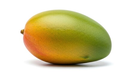 Vibrant whole mango with green, yellow, and orange skin, isolated on a white background.