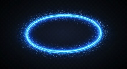 Abstract blue glowing oval shape with shining particles on dark background