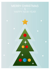 Merry Christmas and Happy New Year greeting card. Minimalistic geometric tree on a blue background. Retro banner, poster.