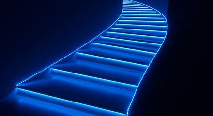 Abstract blue illuminated staircase ascending in darkness modern design concept