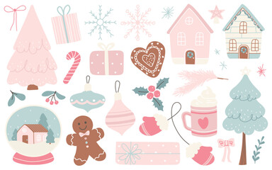 Pastel color Christmas elements in simple hand drawn style with gentle charming festive atmosphere