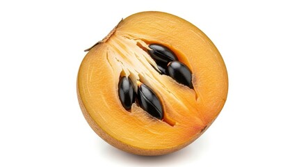 Half a sapodilla fruit with visible seeds on a white background, highlighting its rich texture.