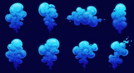 Abstract blue smoke cloud designs against a dark background for various purposes