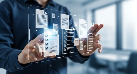 Person interacting with transparent digital document interface