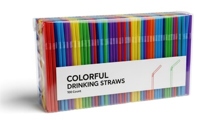 Vibrant multicolored bendable drinking straws in a clear package, isolated on white.