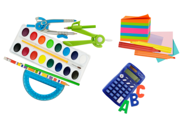 bright composite photograph featuring a wide variety of colorful school and art supplies, including watercolor paints, compasses, calculator, protractor, and highlighters, isolated on black.