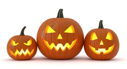 Three glowing jack-o'-lanterns with spooky and happy faces on a white background for Halloween.