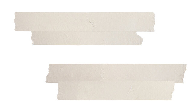 photograph of two layered horizontal strips of beige masking tape isolated on black, showing ripped paper texture and rough edges.