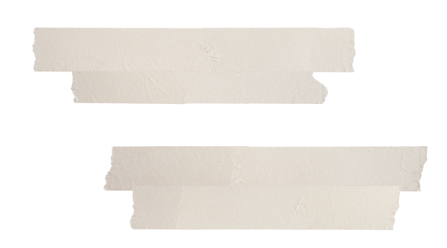 photograph of two layered horizontal strips of beige masking tape isolated on black, showing ripped paper texture and rough edges.