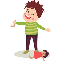 Joyful Young Boy With Spiky Brown Hair Wearing A Green Striped Sweater And Dark Pants Plays With A Doll On A Transparent Background With A Subtle Shadow Below His Feet