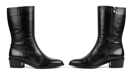 Stylish pair of black leather women's boots with zippers, isolated on a white background.