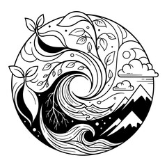 Illustration of the four elements of nature in a circle, earth, water, air, and fire