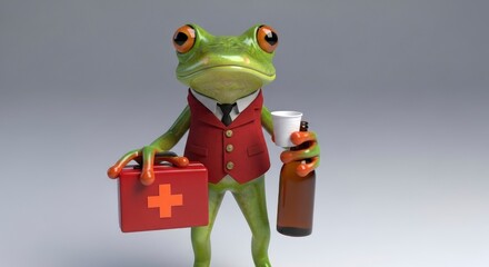 Humorous 3D frog doctor in a vest with a first aid kit and medicine bottle.