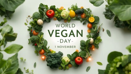 Festive vegan wreath celebrating world vegan day with fresh fruits and vegetables