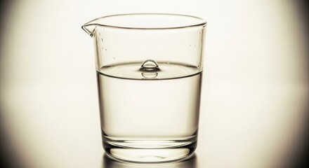 Clear glass beaker half-filled with water, highlighting purity and scientific simplicity.