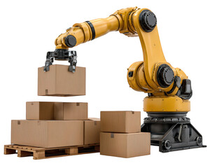 Yellow robotic arm manipulator for packaging and logistics. Industrial robot for automation in factory warehouse, efficiently handling cardboard box on pallet for shipping