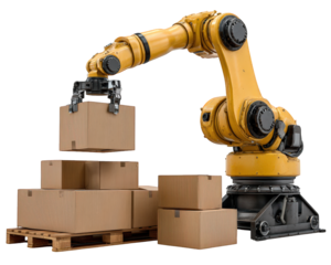Yellow robotic arm manipulator for packaging and logistics. Industrial robot for automation in factory warehouse, efficiently handling cardboard box on pallet for shipping