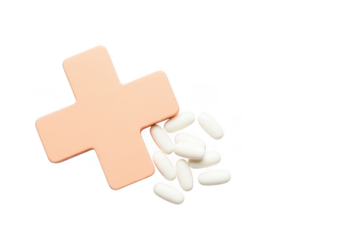 Medical cross and white pills scattered isolated on transparent background for healthcare concept