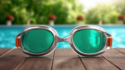 Swimming goggles on wooden deck by pool summer vacation sport tr