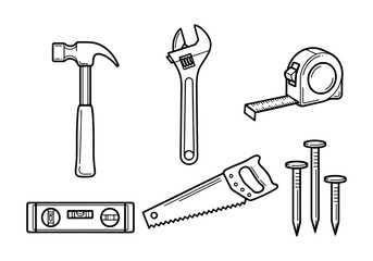 Vector art of hand drawn set of construction tools hammer, wrench, tape measure, saw, nails