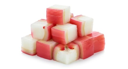 Freshly diced rose apple cubes stacked, showcasing vibrant pink skin and crisp white flesh.