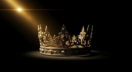 Ornate golden crown with sparkling jewels, bathed in a dramatic golden light on a dark background.