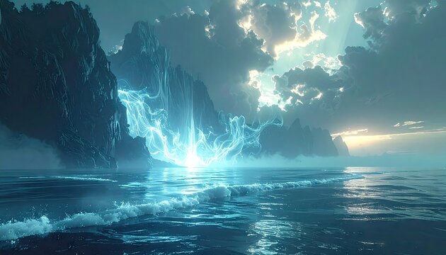 Mysterious Teal Energy Burst in a Digital Seascape