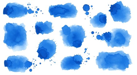 Abstract blue watercolor strokes and splashes on white background design elements