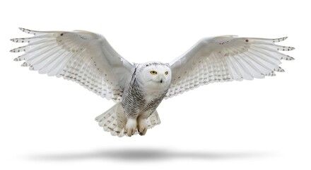 Obraz premium Powerful snowy owl in flight, wings fully extended, isolated on a pristine white background.