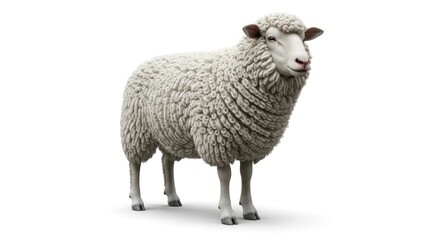 Fototapeta premium A healthy white sheep with dense, curly wool, standing against a pure white backdrop.